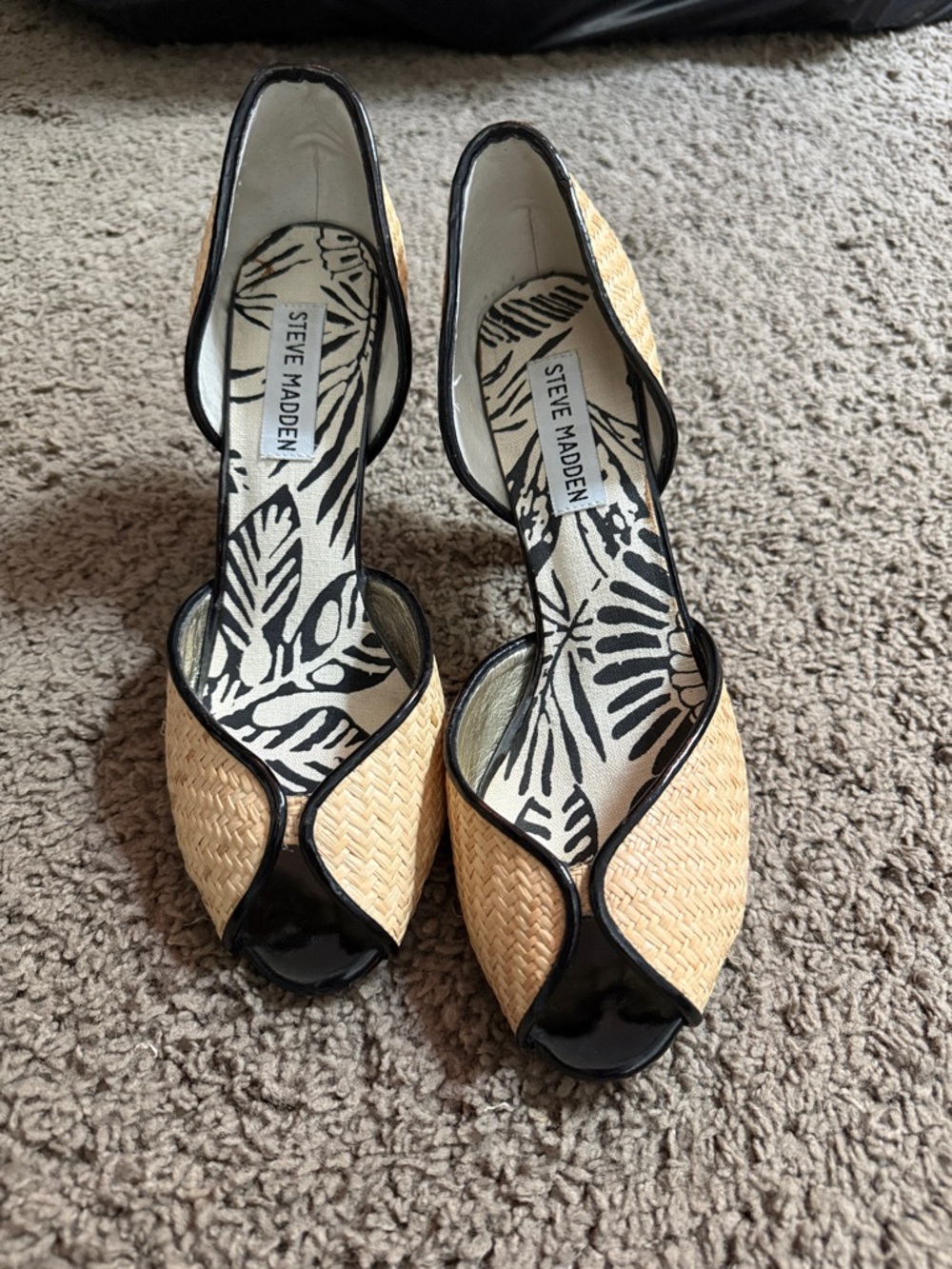 Steve Madden Beige Woven Peep-Toe Slingback Heels with Black Trim